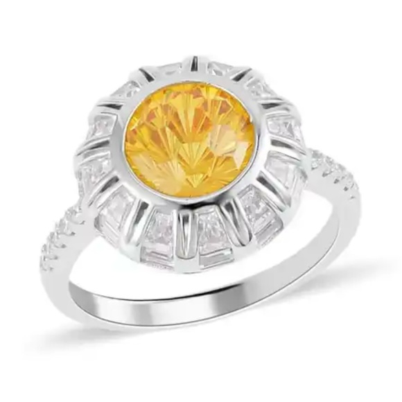 Lustro Stella Yellow and White CZ Halo Ring in Platinum over Sterling Silver - Picture 2 of 8